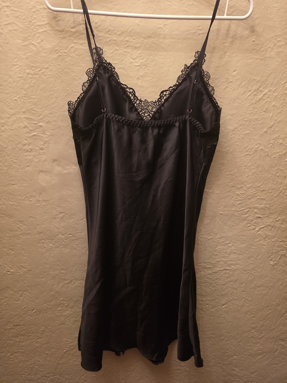 Black Satin Lace Appliqué Slip Dress Chemise Lingerie Nightgown L - Picture 7 of 10